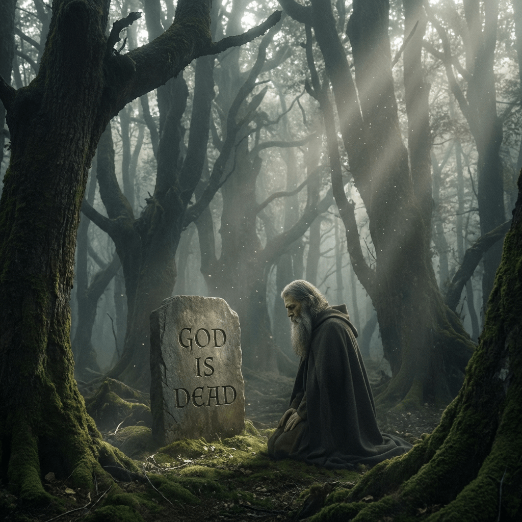 A cloaked man kneels before a tombstone engraved with "GOD IS DEAD" in a misty forest.